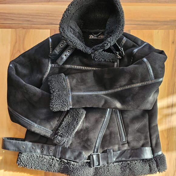 Zara Faux Shearling black Aviator Coat - Picture 3 of 7